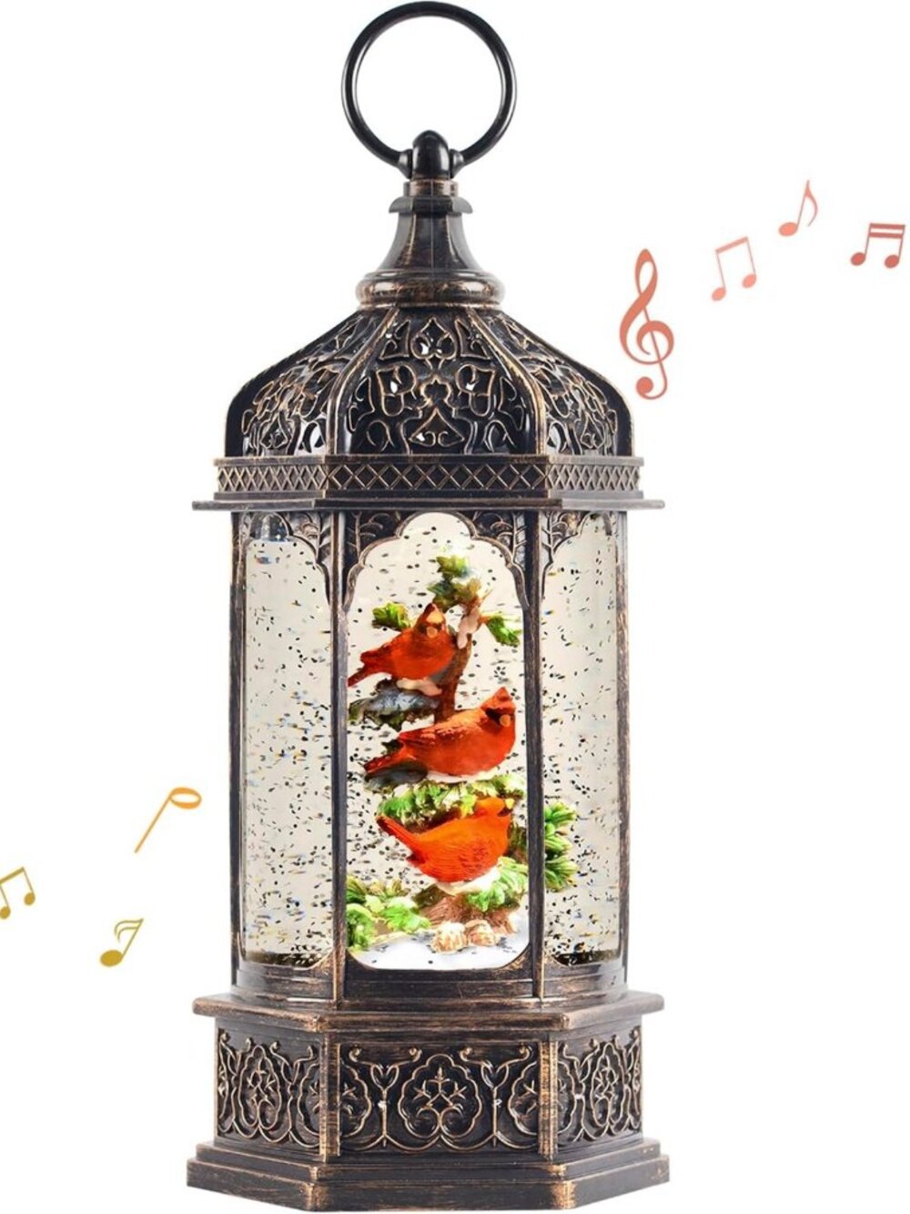 Lighted Musical Christmas Snow Globe Lantern - 12.8” with Red Cardinals